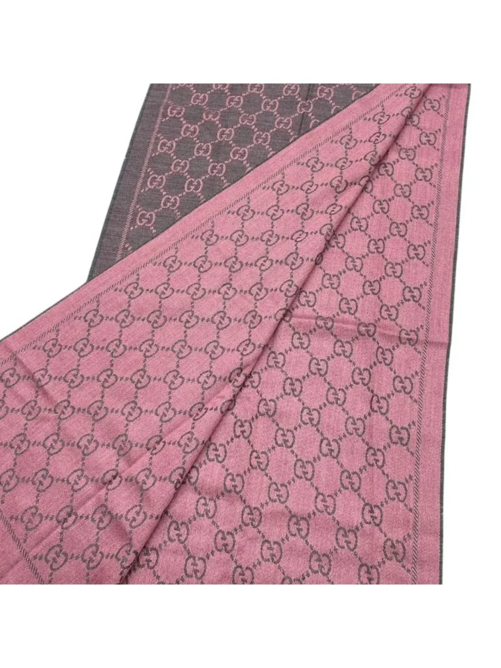 Gucci Scarf GG Wool Pattern Logo Rose Pink Gray